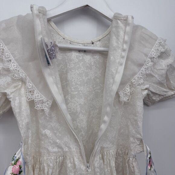 Kokomo Kids Vintage White Floral Collared Dress Girls Size 8 Coquette Bow USA - Picture 9 of 11